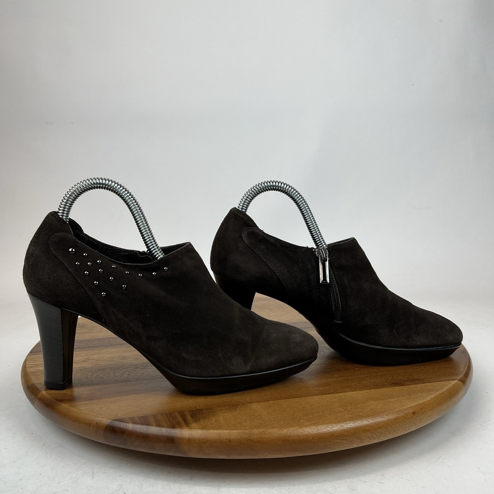 Womens Aquatalia Italy Vera Gomma Brown Suede Comfort Zip Block Heels Size 7.5 M